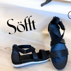 Söfft Fiora Women's Strappy Black Soft Leather Sandals Zip Back Velcro Side 8.5